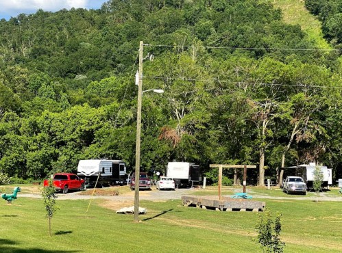 A scenic campsite with RVs parked among trees, a grassy area, and a wooden structure in the foreground.