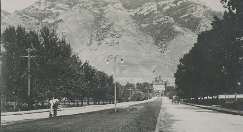 A black and white photo of a tree-lined road with a man working on the ground, mountains in the background.
