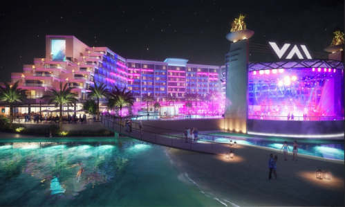 Vibrant resort at night with colorful lights, palm trees, and a stage for events by a pool and beach area.