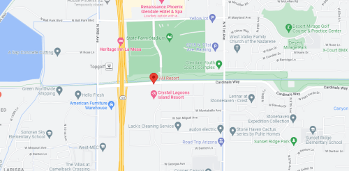 Map showing the location of the JW Marriott Phoenix Desert Ridge Resort & Spa near State Farm Stadium and surrounding areas.