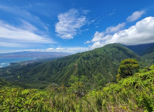 Lush green mountains under a bright blue sky, with a view of the coastline and distant land in the background.