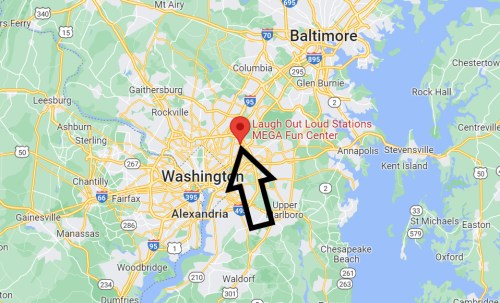 Map showing Washington, D.C. with a marker pointing to "Laugh Out Loud Stations MEGA Fun Center."