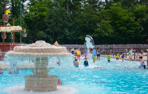 A lively pool scene with children playing, a fountain, and a whale slide, surrounded by trees and a wooden fence.