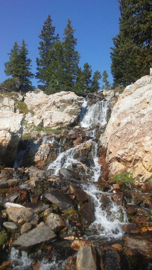 A cascading waterfall flows over rocky terrain, surrounded by lush green trees under a clear blue sky.