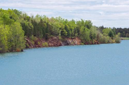 A serene lake bordered by lush green trees and a rocky shoreline under a cloudy sky.