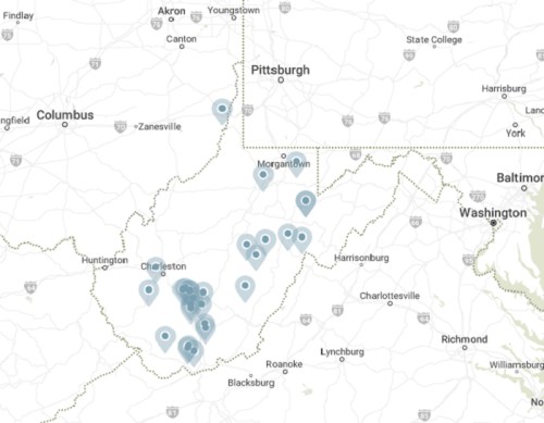 Map showing various locations marked with blue dots in West Virginia and surrounding areas.