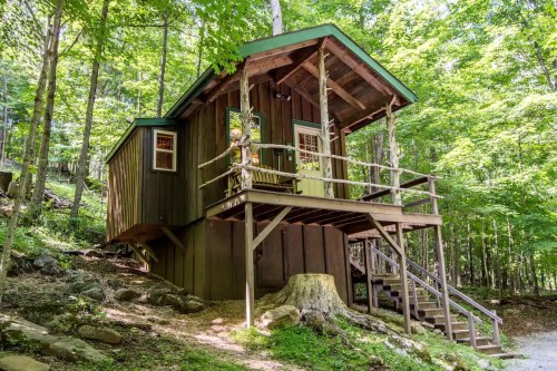 A rustic wooden cabin on stilts surrounded by lush green trees and a stone pathway.