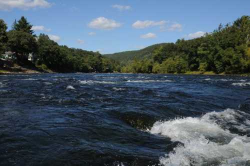 A scenic river flows through a lush green landscape under a clear blue sky with fluffy clouds.