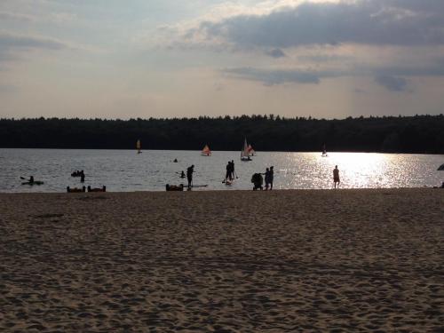 Silhouettes of people on a beach with sailboats on the water and a cloudy sky in the background.