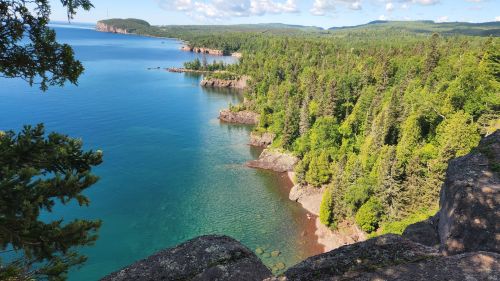 A scenic view of a coastline with clear blue water, lush green trees, and rocky shores under a bright sky.