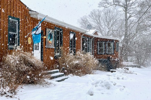 A cozy wooden house covered in snow, with snowflakes falling and bushes lining the front steps.