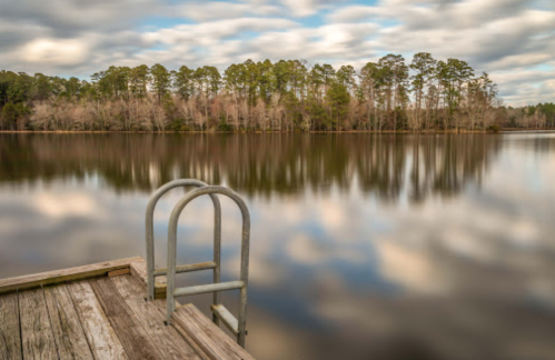 A calm lake reflects clouds and trees, with a metal ladder on a wooden dock in the foreground.