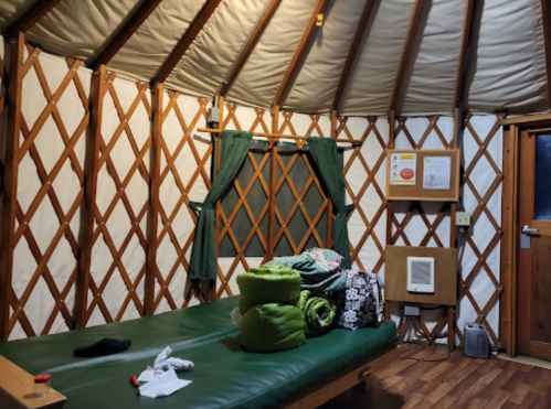 Interior of a yurt with a green bed, stacked blankets, wooden walls, and a window with green curtains.