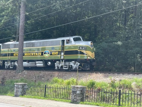 A vintage green and yellow train labeled "Stone Mountain" travels along a track surrounded by trees.