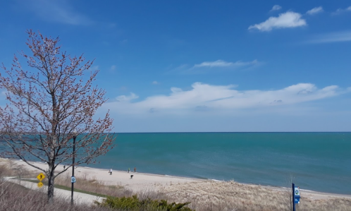 A serene beach scene with a clear blue sky, gentle waves, and a few people walking along the shore.