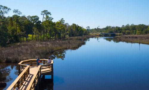 A wooden dock extends over a calm river, surrounded by lush greenery and clear blue skies. Two people sit at the edge.