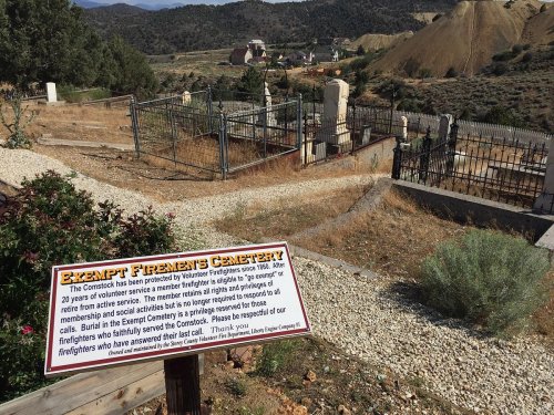 A sign for the Exempt Firemen's Cemetery, with graves and a scenic view of hills in the background.