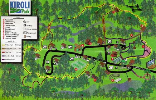 Map of Kiroli Park showing trails, facilities, and landmarks like playgrounds, pavilions, and picnic areas.