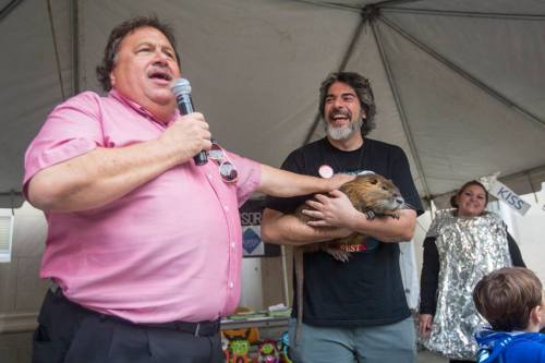 A man in a pink shirt speaks into a microphone while holding a beaver, with another man and a woman in the background.