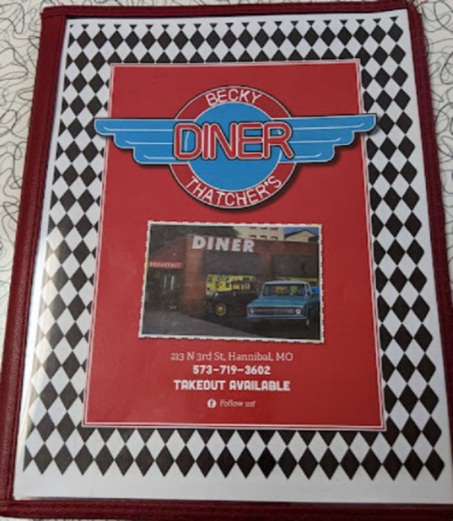 Menu cover for Becky Thatcher's Diner in Hannibal, MO, featuring a red and black checkered design and contact information.