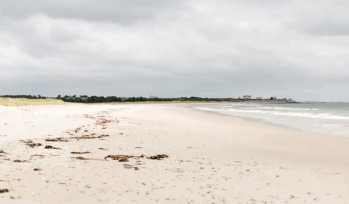 A serene beach scene with a sandy shore, gentle waves, and overcast skies in the background.