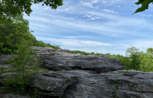 A rocky landscape under a blue sky with scattered clouds, surrounded by green trees and vegetation.