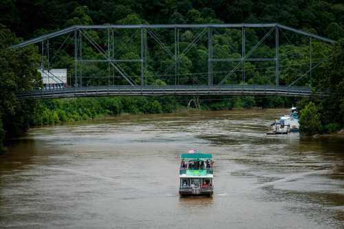 A boat navigates a river beneath a metal bridge, surrounded by lush greenery.