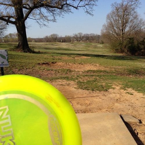 A bright yellow disc golf disc in the foreground, with a grassy course and trees in the background.