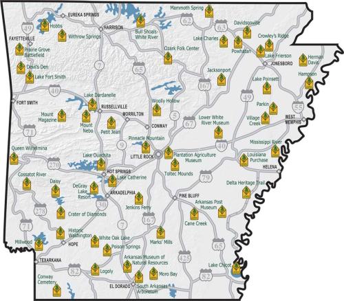 Map of Arkansas highlighting various locations with house icons, indicating points of interest across the state.