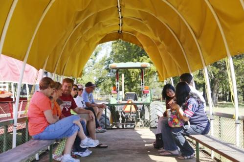 A group of people sitting on benches inside a yellow-covered wagon, with a tractor visible in the background.