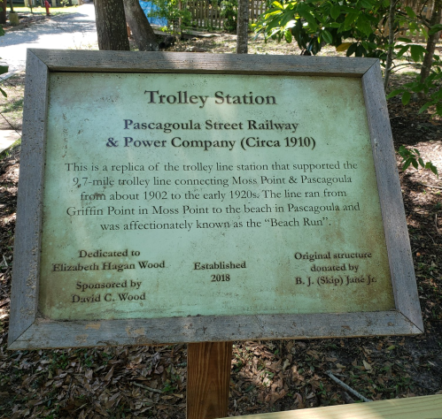 Sign for the Trolley Station replica, detailing its history and dedication to Elizabeth Hagan Wood, established in 2018.