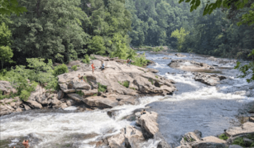 A scenic river flows over rocks, surrounded by lush green trees and people enjoying the outdoors.