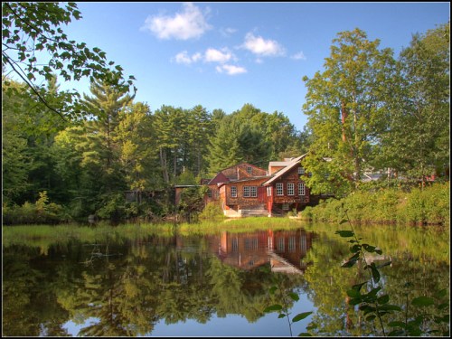 A serene pond reflects a rustic cabin surrounded by lush trees and a clear blue sky.