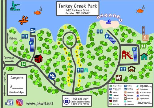 Map of Turkey Creek Park in Decatur, MS, showing campsites, amenities, and park layout.