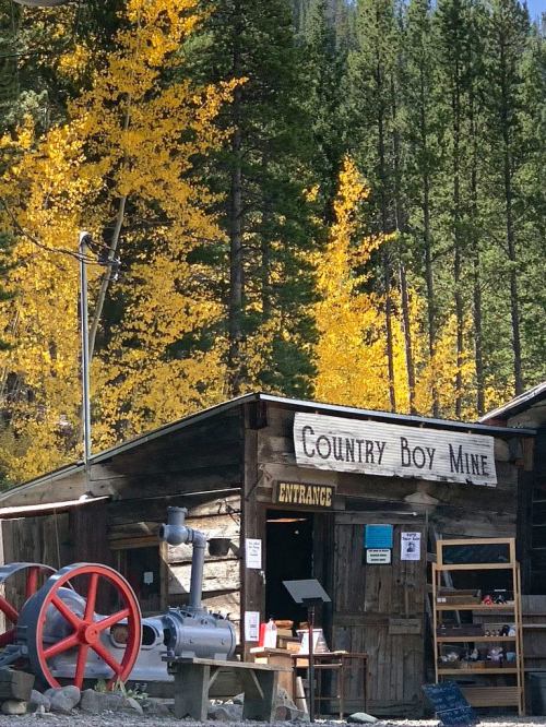 A rustic wooden building labeled "Country Boy Mine" surrounded by vibrant autumn trees and mining equipment.