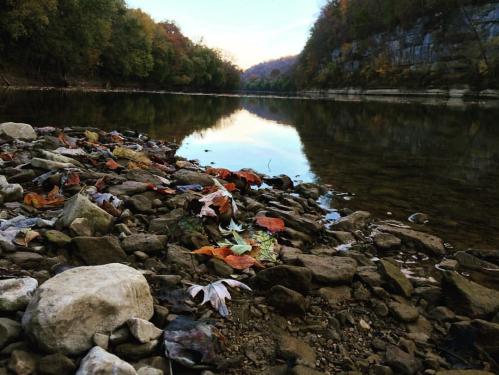 A tranquil river scene with colorful autumn leaves on rocky shore and reflections of trees in the water.