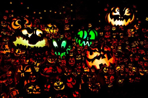 A vibrant display of intricately carved jack-o'-lanterns glowing in various colors, creating a festive Halloween atmosphere.