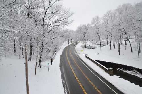A winding road through a snowy landscape, lined with trees covered in white, with a small creek alongside.