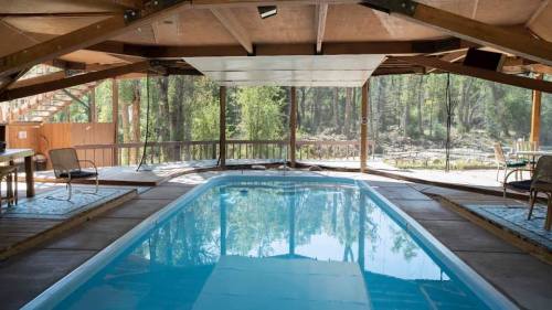 Indoor swimming pool surrounded by wooden beams and large windows, with a view of trees outside.