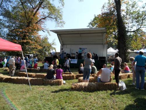 A crowd gathers around a stage with musicians, seated on hay bales in a sunny outdoor setting.