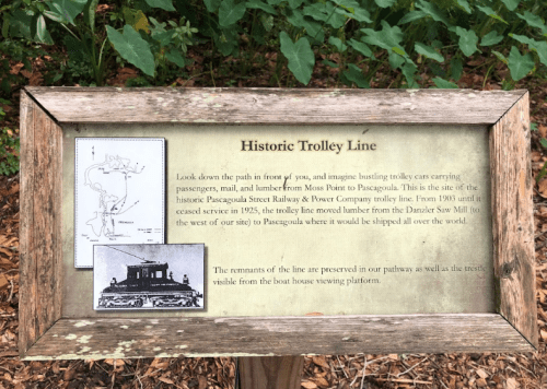 Sign about the Historic Trolley Line, detailing its history and significance in transporting goods and passengers.