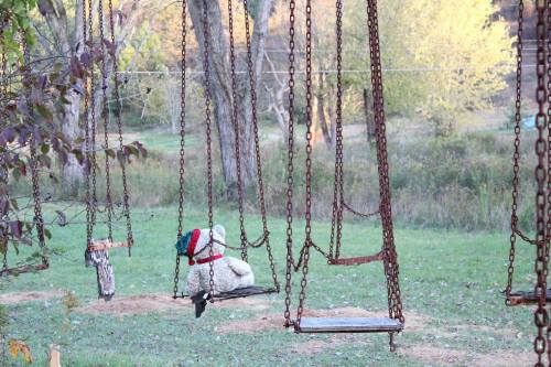 A weathered swing set in a park, with a stuffed bear wearing a colorful scarf sitting on one of the swings.