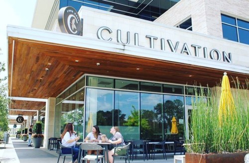 Three people sit at a table outside Cultivation, a modern building with large windows and a wooden overhang.