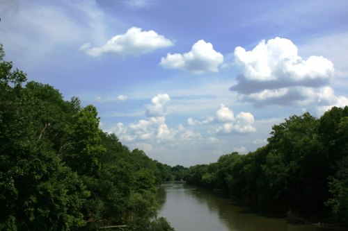 A serene river flows through lush green trees under a bright blue sky with fluffy white clouds.