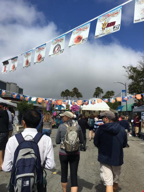 Crowd walking through a festival with banners overhead and palm trees in the background under a cloudy sky.