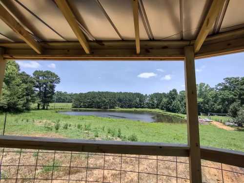 A scenic view of a pond surrounded by trees, framed by a wooden structure under a clear blue sky.