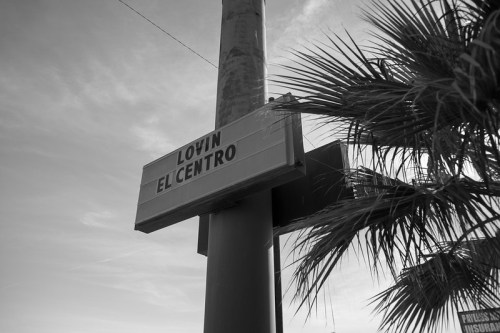 A black and white photo of a sign that reads "LOVIN EL CENTRO," with a palm tree in the foreground.