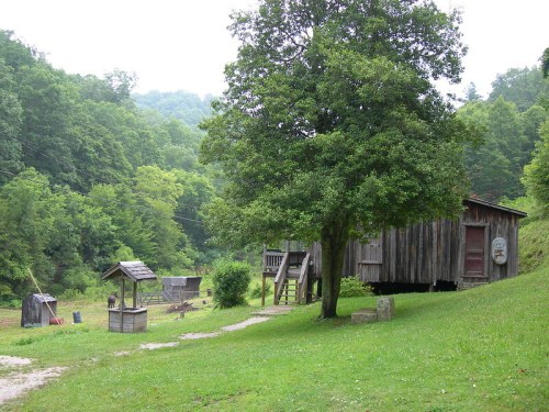 A rustic wooden cabin surrounded by lush greenery, with a well and a path leading through the serene landscape.