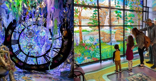 A colorful, whimsical room with stained glass windows, featuring children and adults admiring the vibrant scenery.