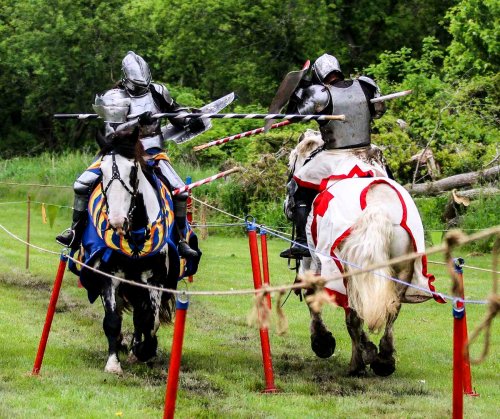 Two armored knights on horseback engage in a jousting match, with colorful banners and a grassy field in the background.